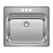 Stainless steel drop-in laundry sink with single basin, drain strainer, and three pre-drilled holes for faucet installation.
