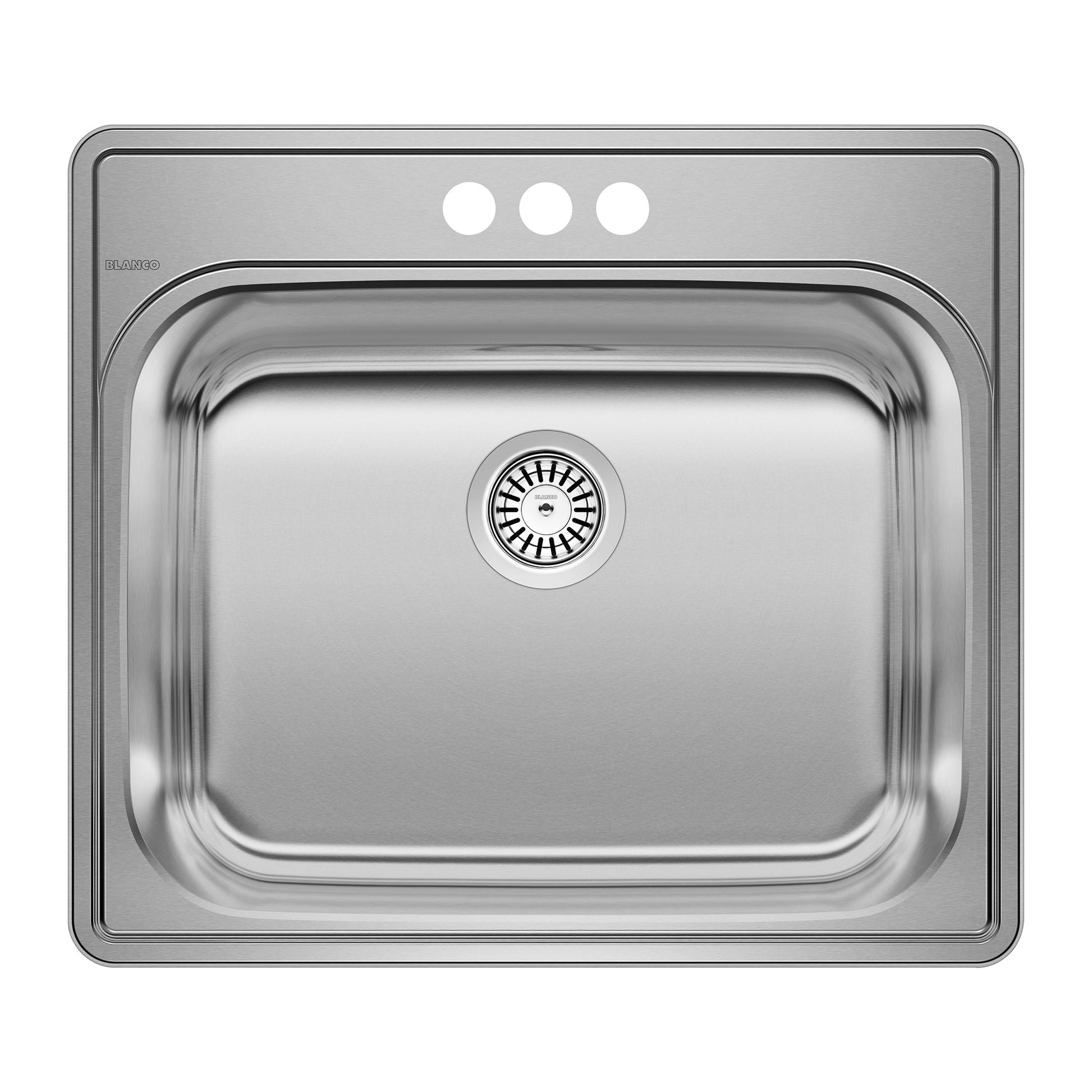 Stainless steel drop-in laundry sink with single basin, drain strainer, and three pre-drilled holes for faucet installation.
