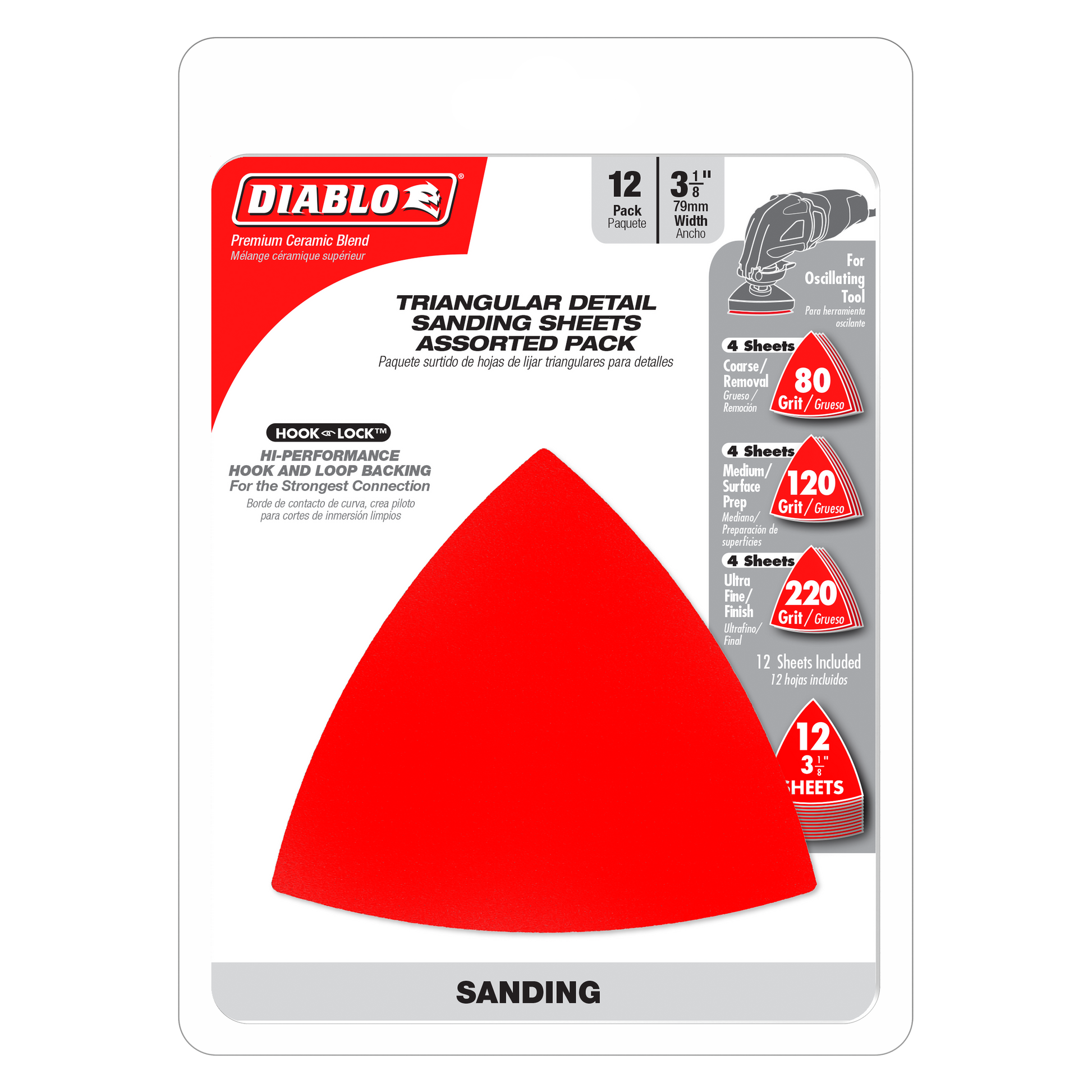 Diablo 3-3/4 inch triangular sanding sheets in assorted grits (80, 120, 220) with hook and loop backing, 12-sheet pack.