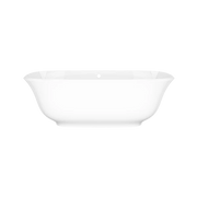 White freestanding soaking bathtub with curved sides and oval shape, shown from front angle.