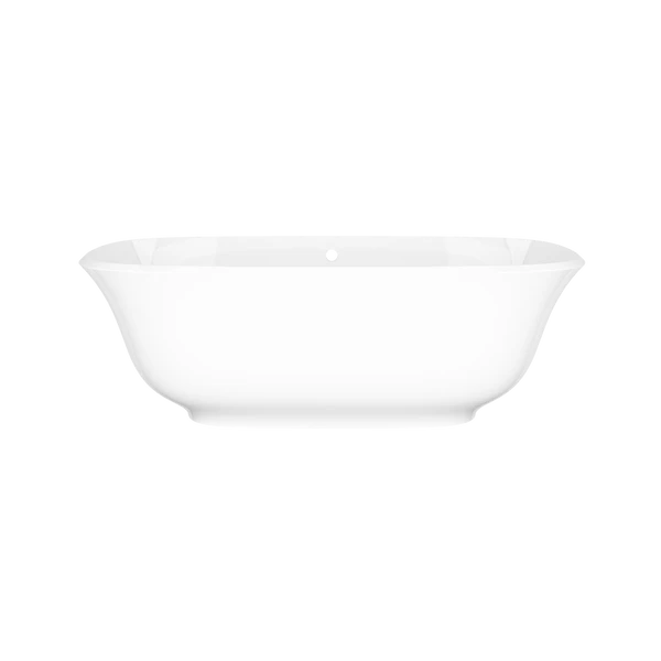 White freestanding soaking bathtub with curved sides and oval shape, shown from front angle.