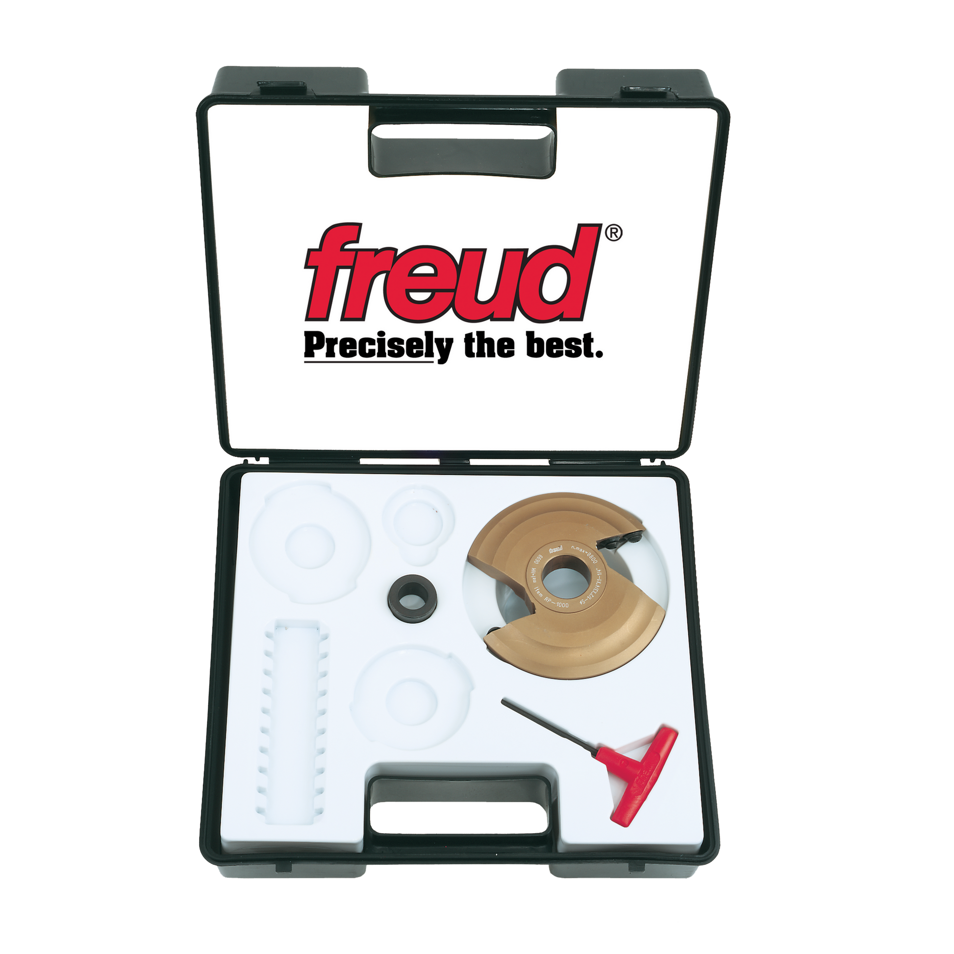 Freud RP1000 panel raising cutter kit with tan router bit, small metal component, white plastic guides, metal shaft, and red 