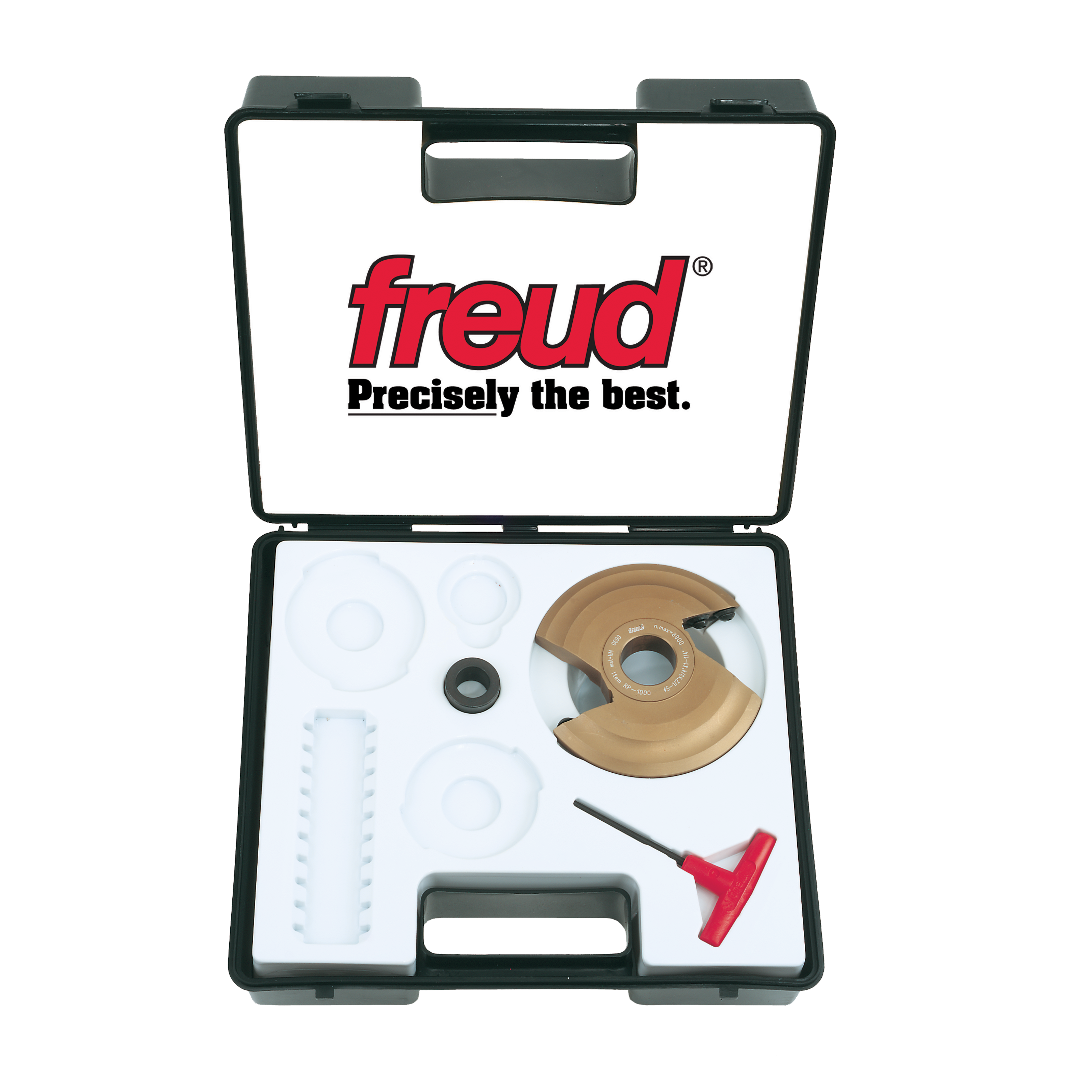 Freud RP1000 panel raising cutter kit with tan router bit, small metal component, white plastic guides, metal shaft, and red 