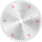 Silver circular saw blade with fine teeth around perimeter, center arbor hole, and red markings on face labeled "freud."
