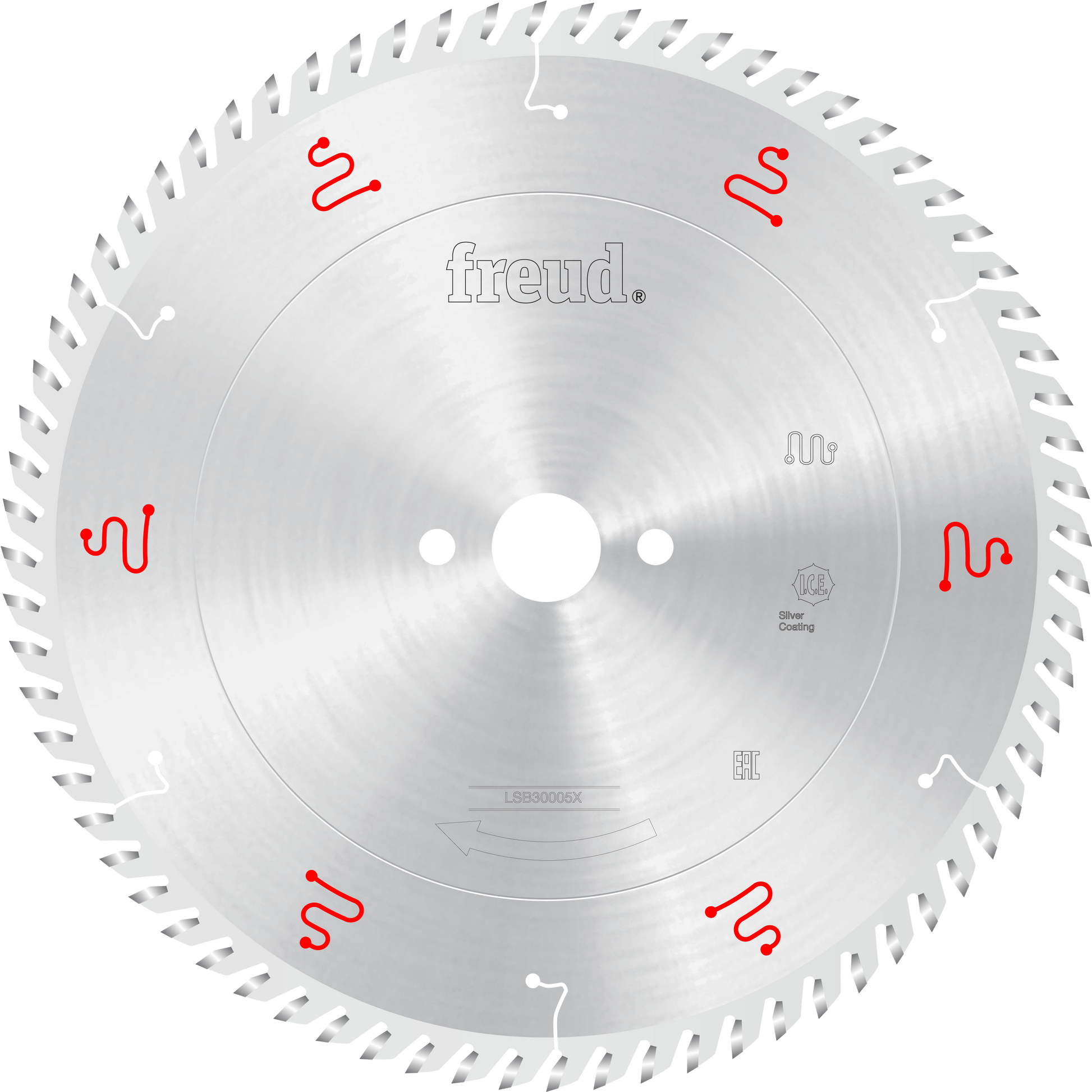Silver circular saw blade with fine teeth around perimeter, center arbor hole, and red markings on face labeled "freud."