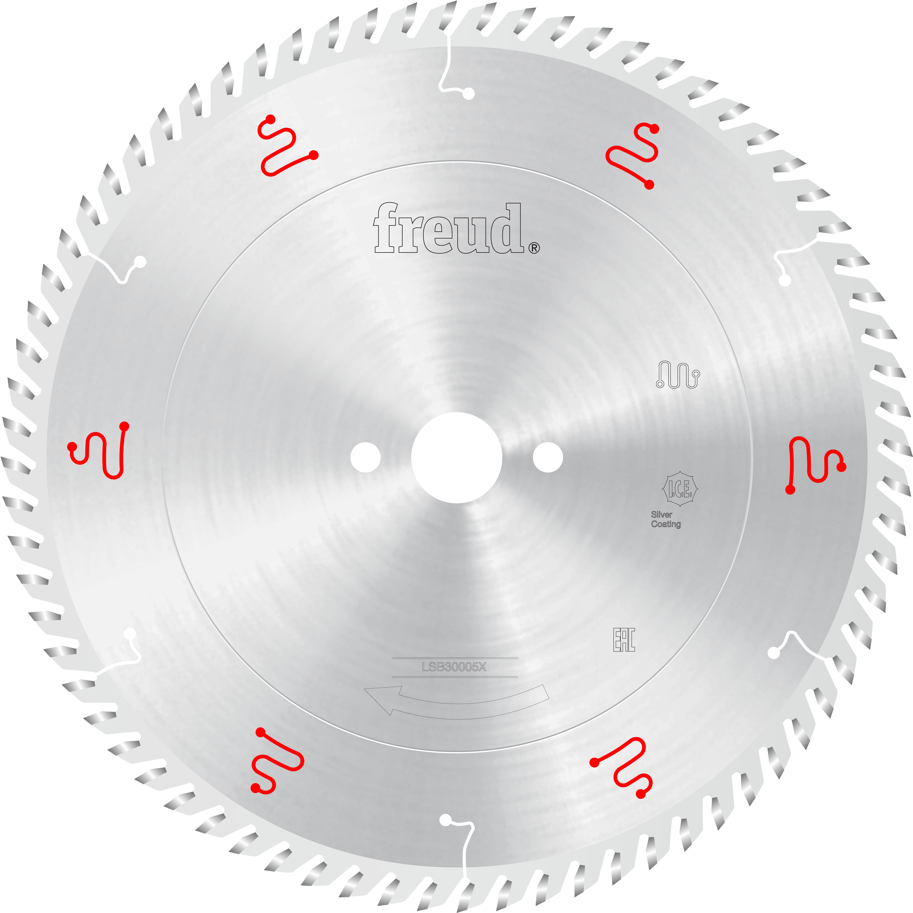 Silver circular saw blade with fine teeth around perimeter, center arbor hole, and red markings on face labeled "freud."