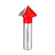 V-shaped router bit with red cutting head and silver metal shank marked with Freud branding.