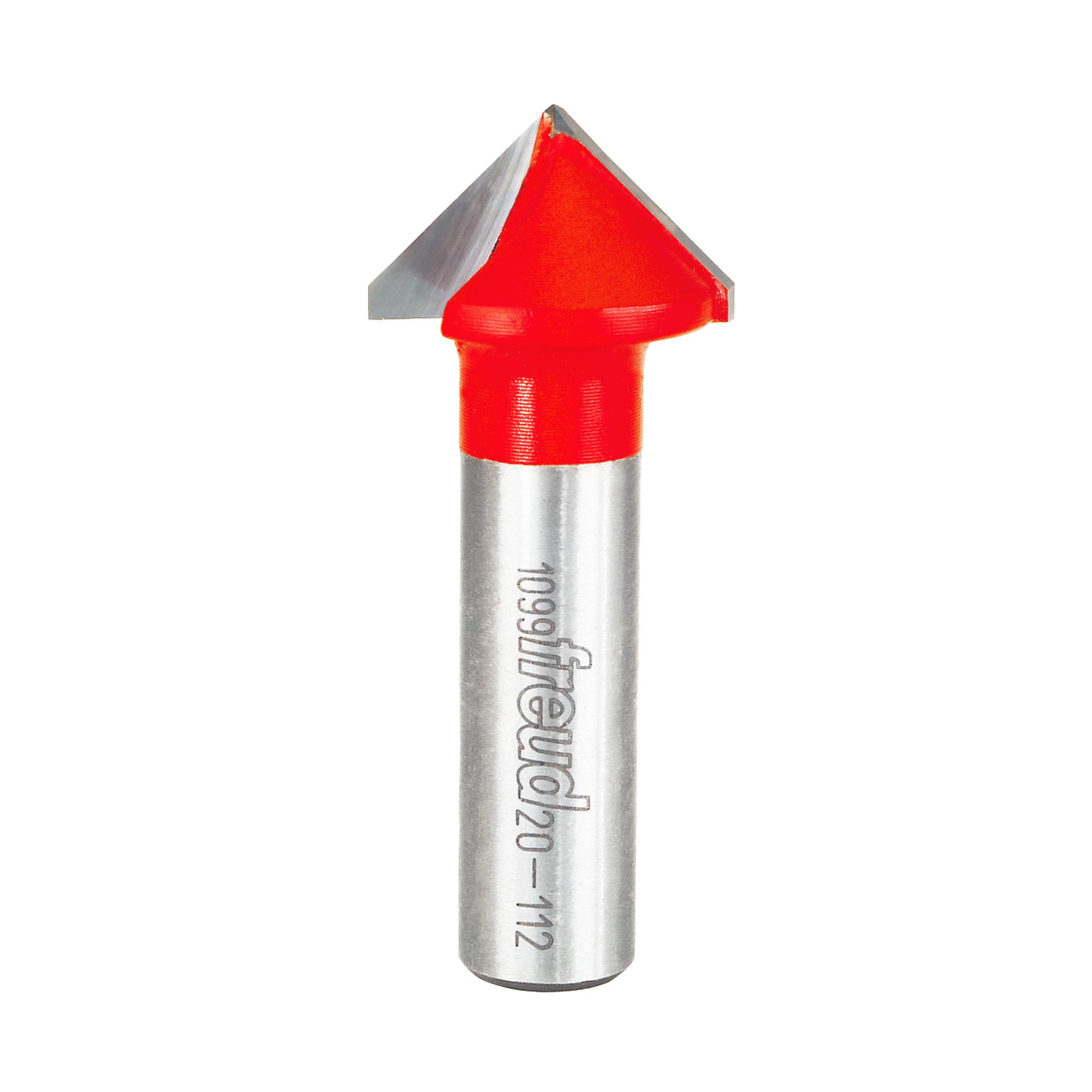 V-shaped router bit with red cutting head and silver metal shank marked with Freud branding.