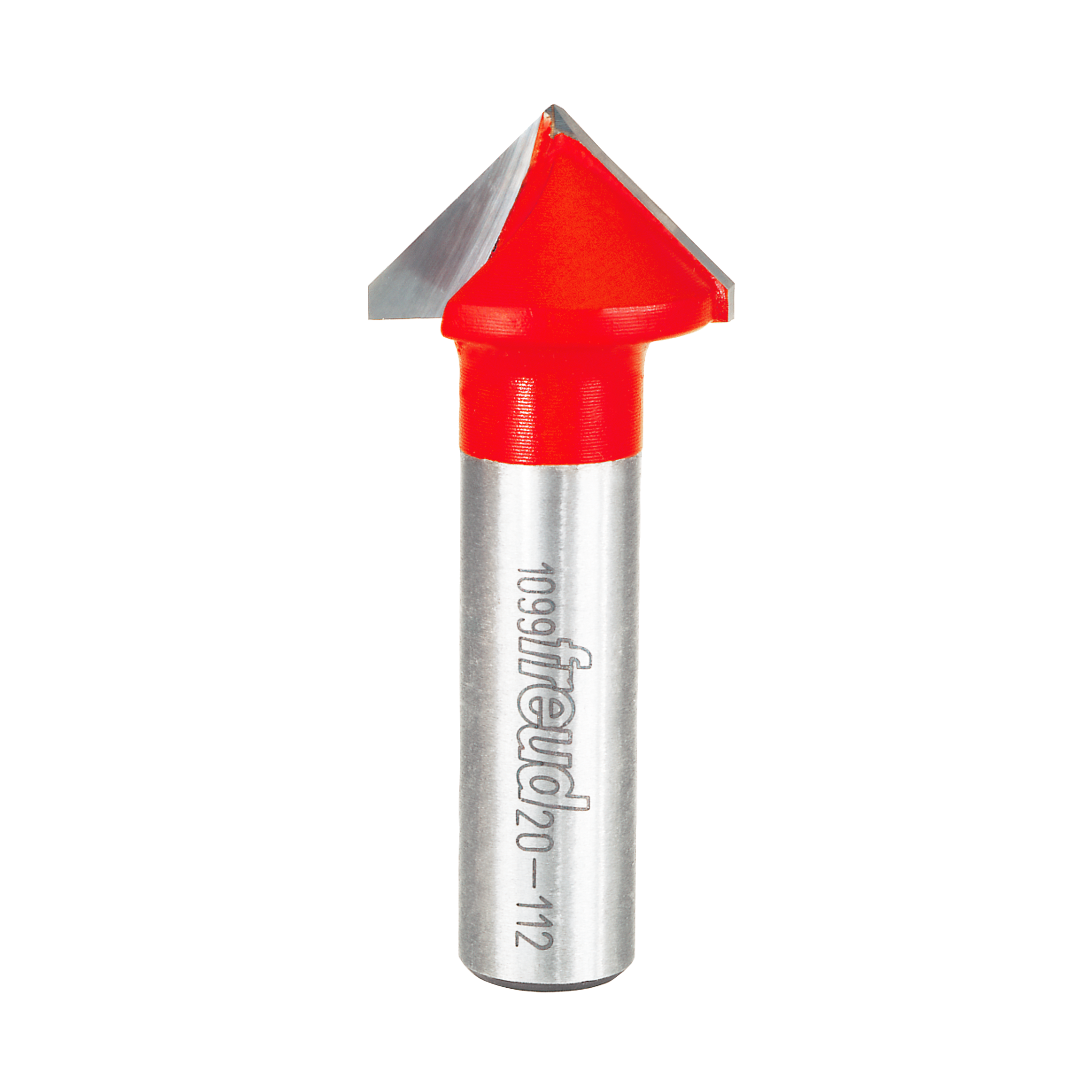 V-shaped router bit with red cutting head and silver metal shank marked with Freud branding.
