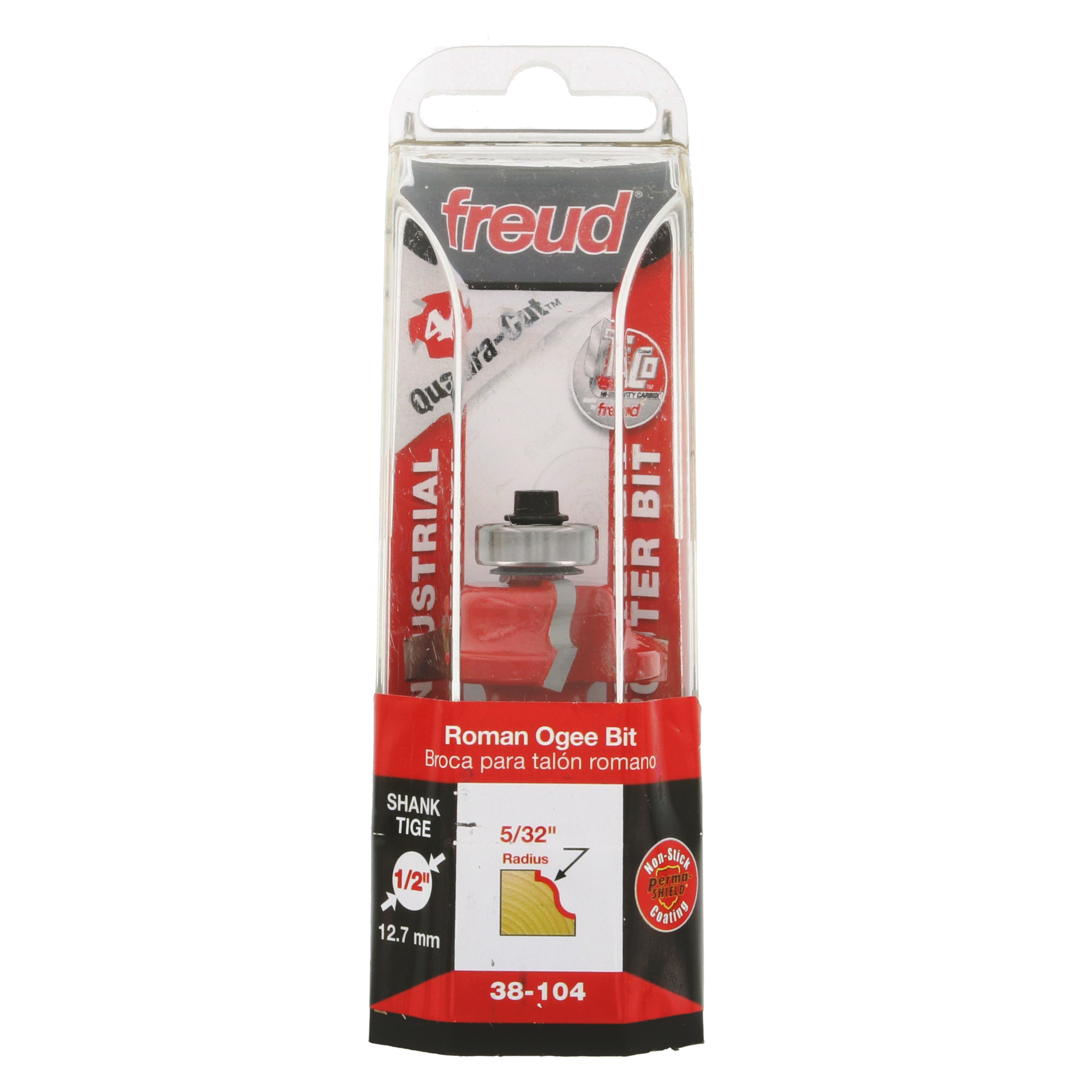 Freud 38-104 Roman Ogee router bit with 1/2" shank in retail packaging showing metal cutting head and specifications.