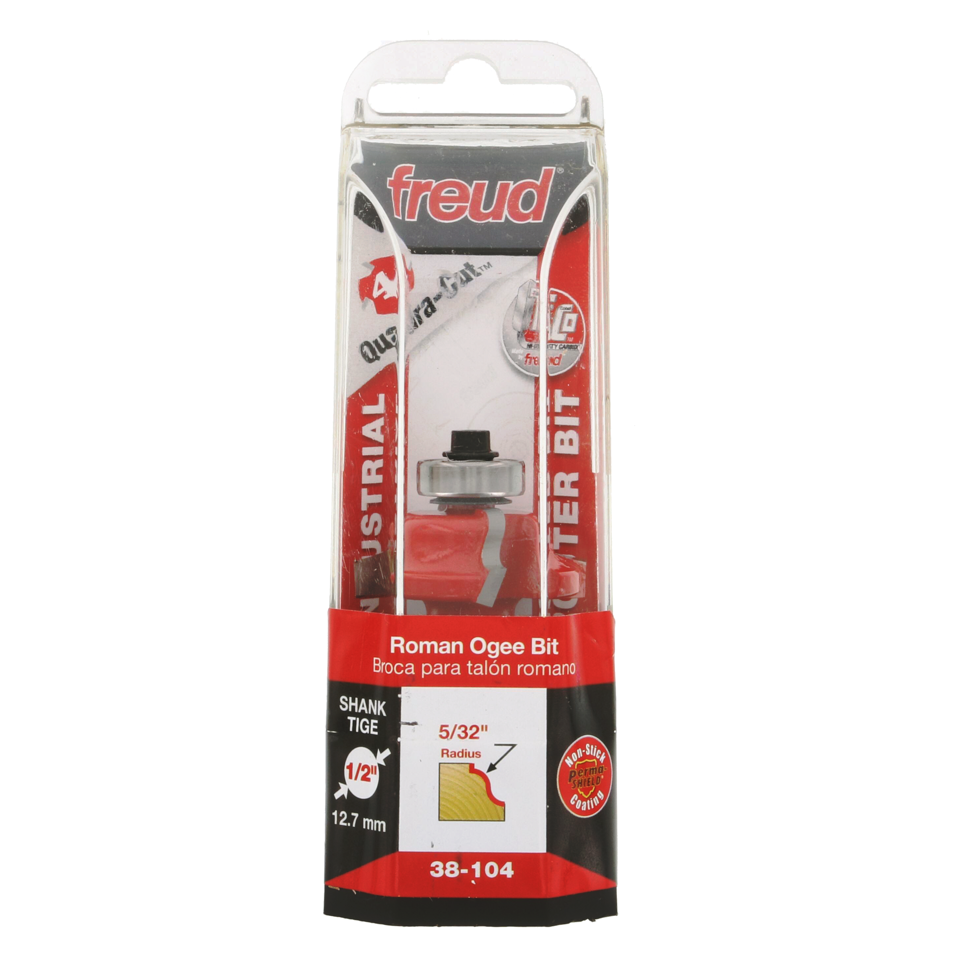 Freud 38-104 Roman Ogee router bit with 1/2" shank in retail packaging showing metal cutting head and specifications.