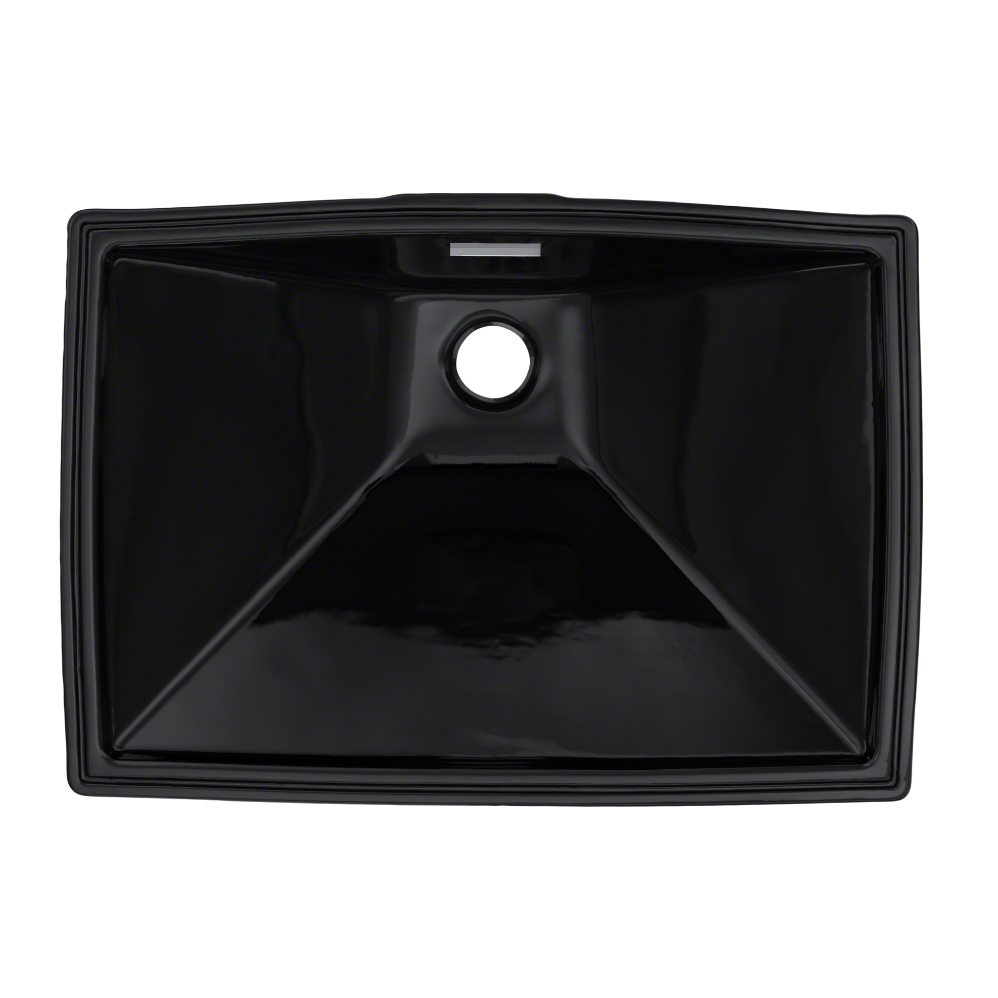 Ebony rectangular undermount sink with single drain hole, viewed from above.