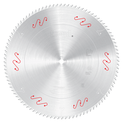 Silver circular saw blade with serrated teeth and red wavy tooth markings around the edge.