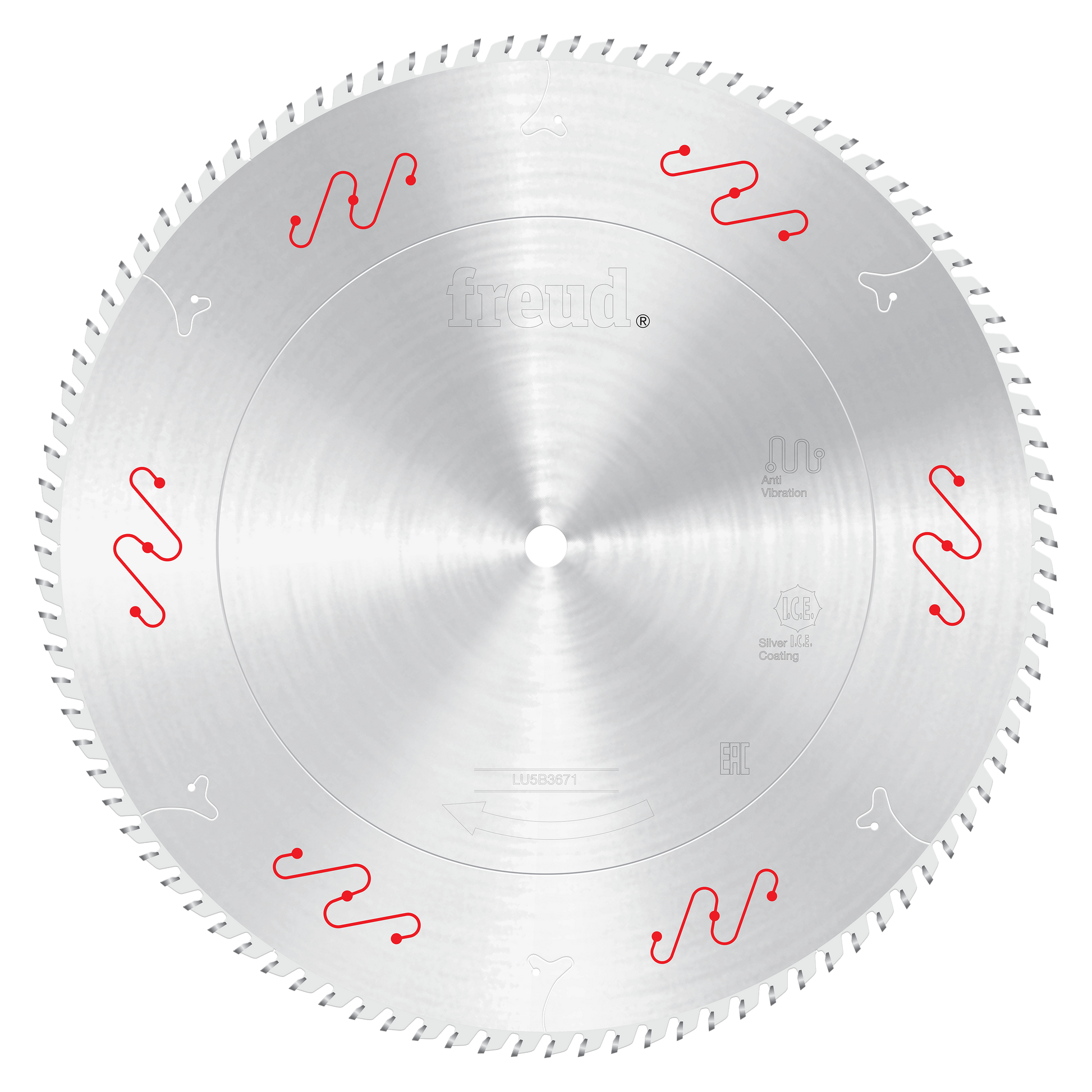 Silver circular saw blade with serrated teeth and red wavy tooth markings around the edge.