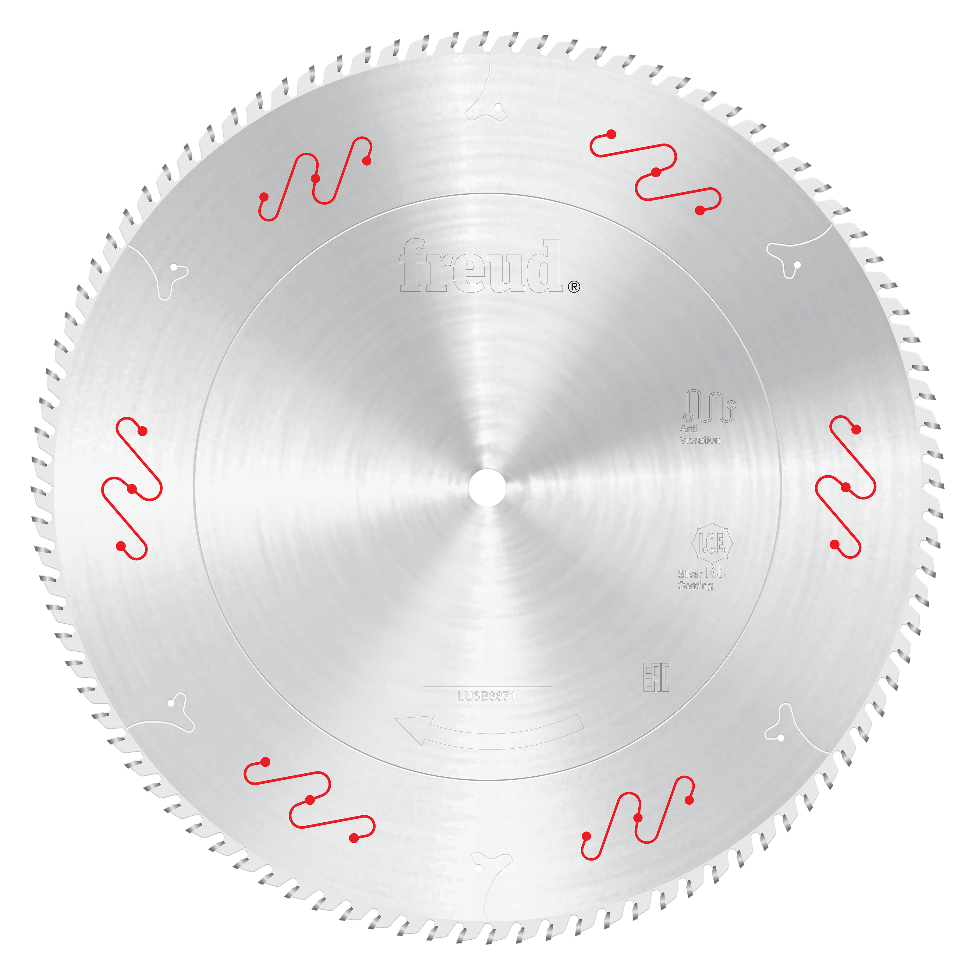 Silver circular saw blade with serrated teeth and red wavy tooth markings around the edge.