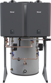 Rinnai hybrid water heater system with two gray tankless units mounted above central storage tank and copper piping connectio