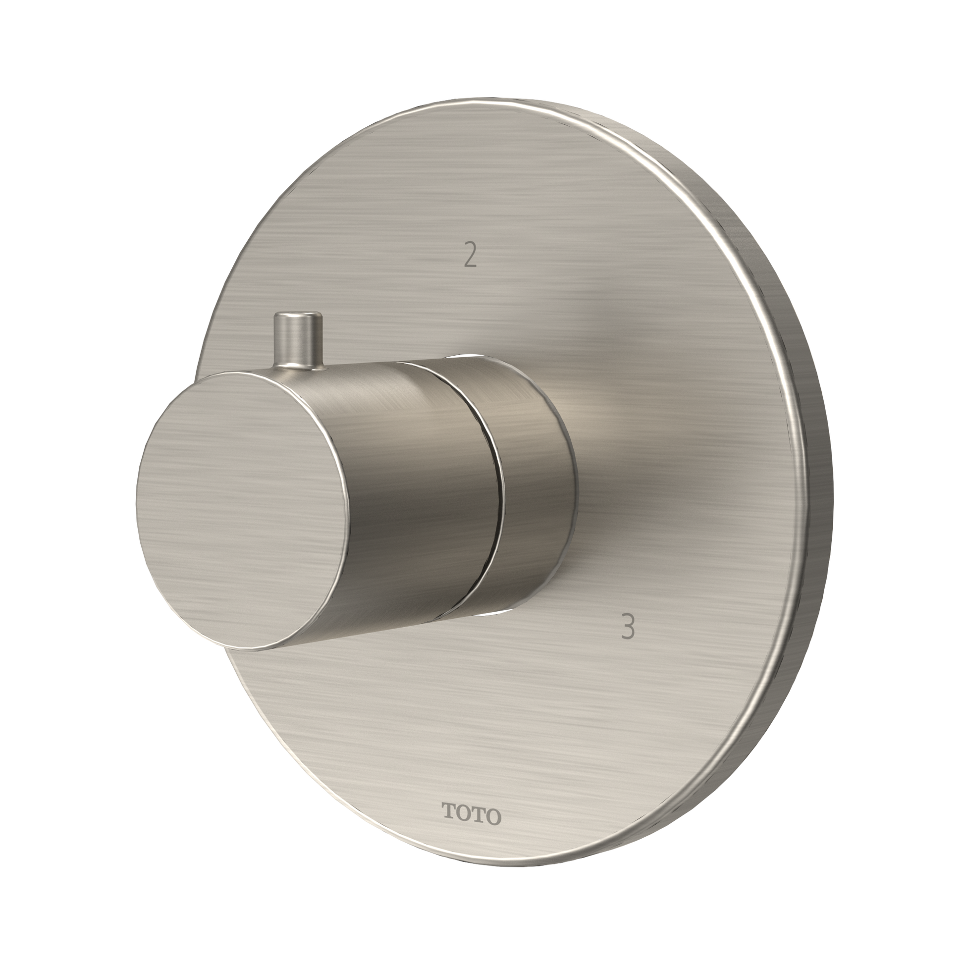 Brushed nickel round shower diverter valve with cylindrical handle and three outlet positions marked on circular trim plate.