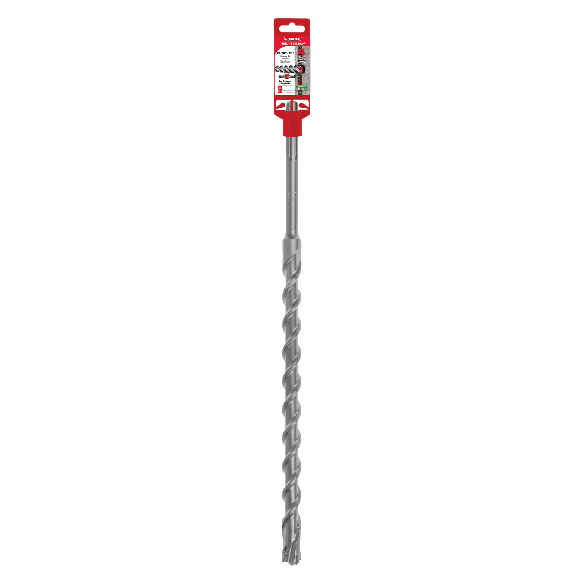 Long gray SDS-Max hammer drill bit with red packaging label at top and spiral flutes along shaft.