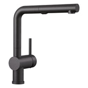 Anthracite pull-out kitchen faucet with angled spout and round handle in matte finish.