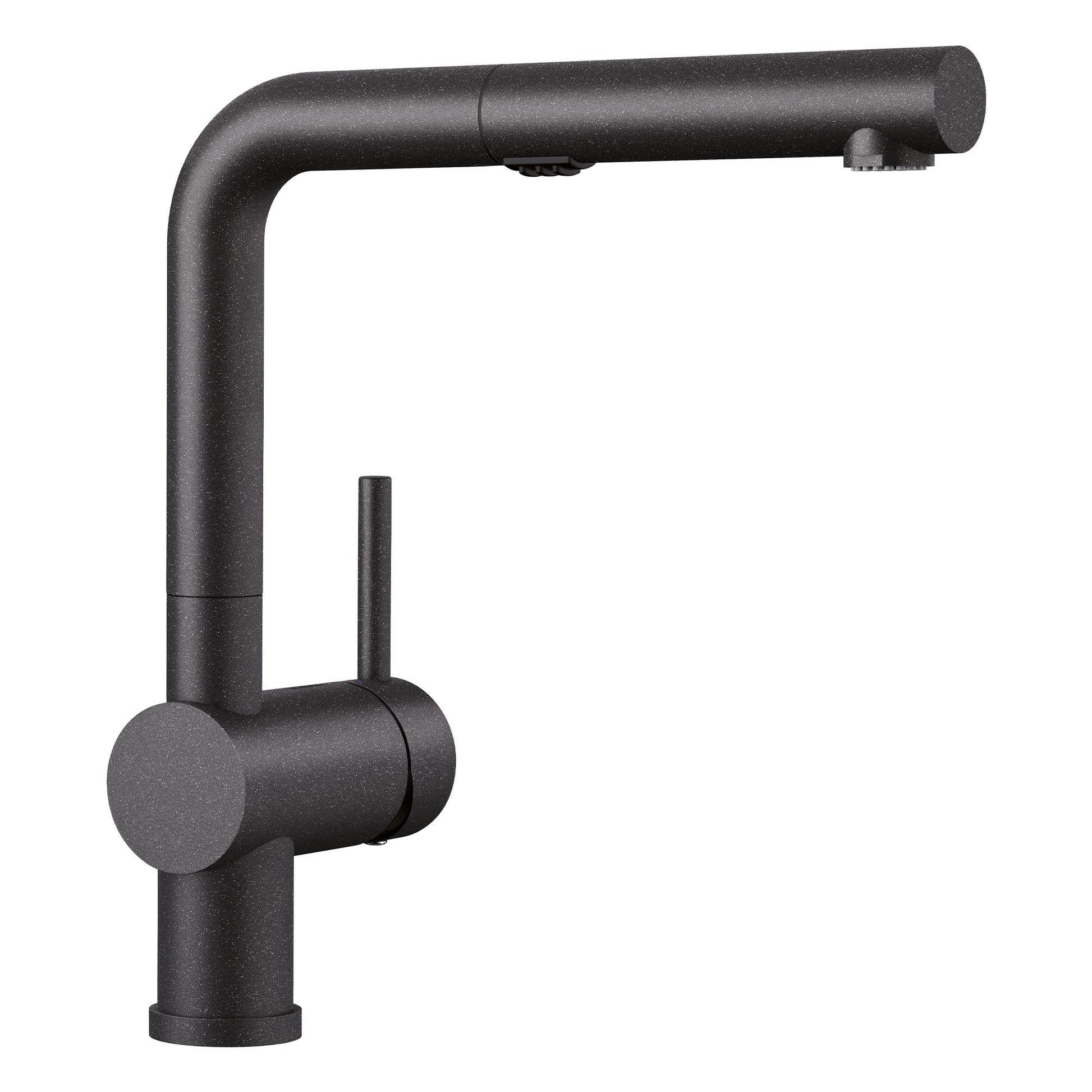 Anthracite pull-out kitchen faucet with angled spout and round handle in matte finish.