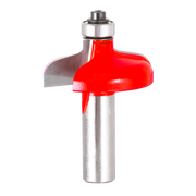 Red and silver router bit with rounded dome-shaped cutting head and metal shank with bearing collar.