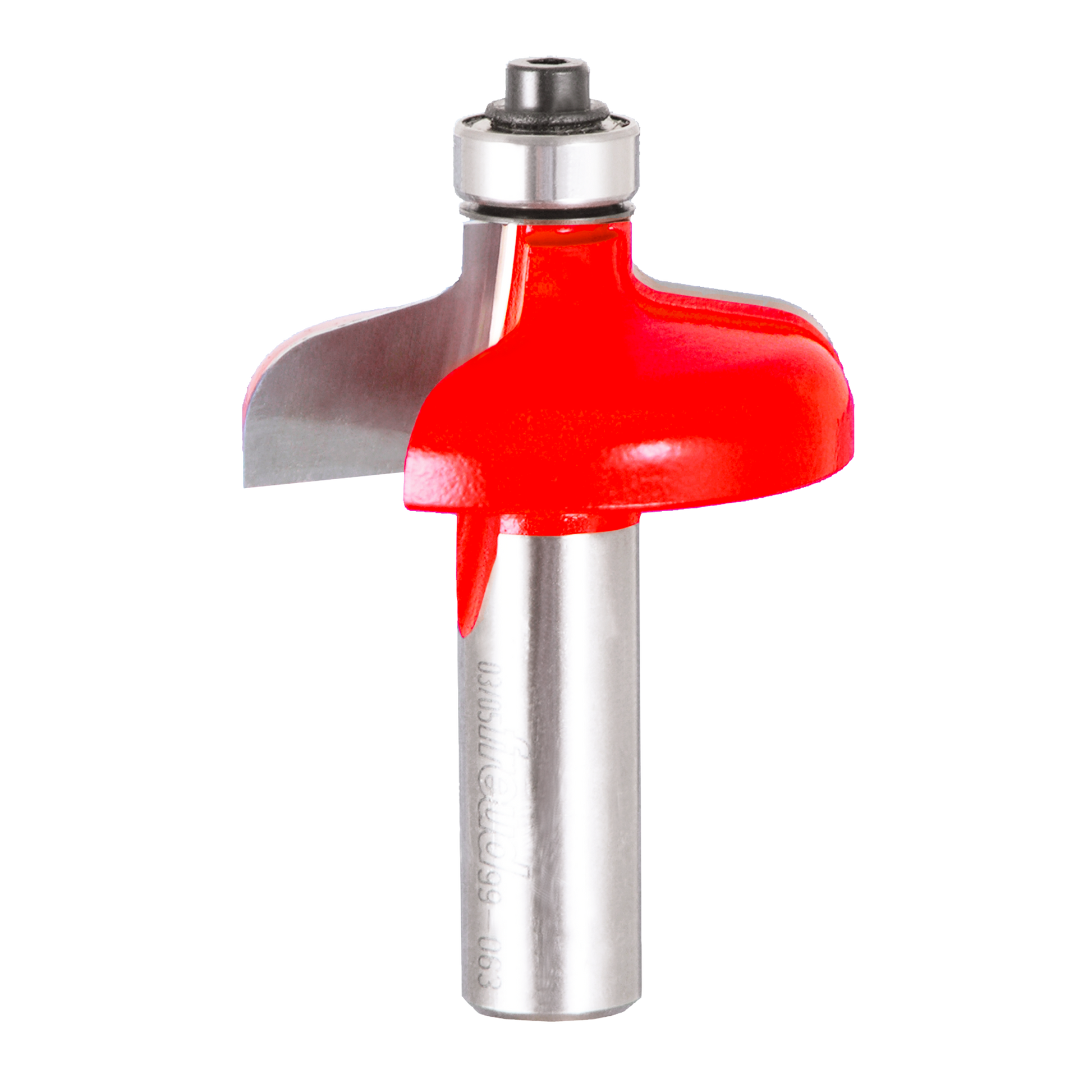 Red and silver router bit with rounded dome-shaped cutting head and metal shank with bearing collar.