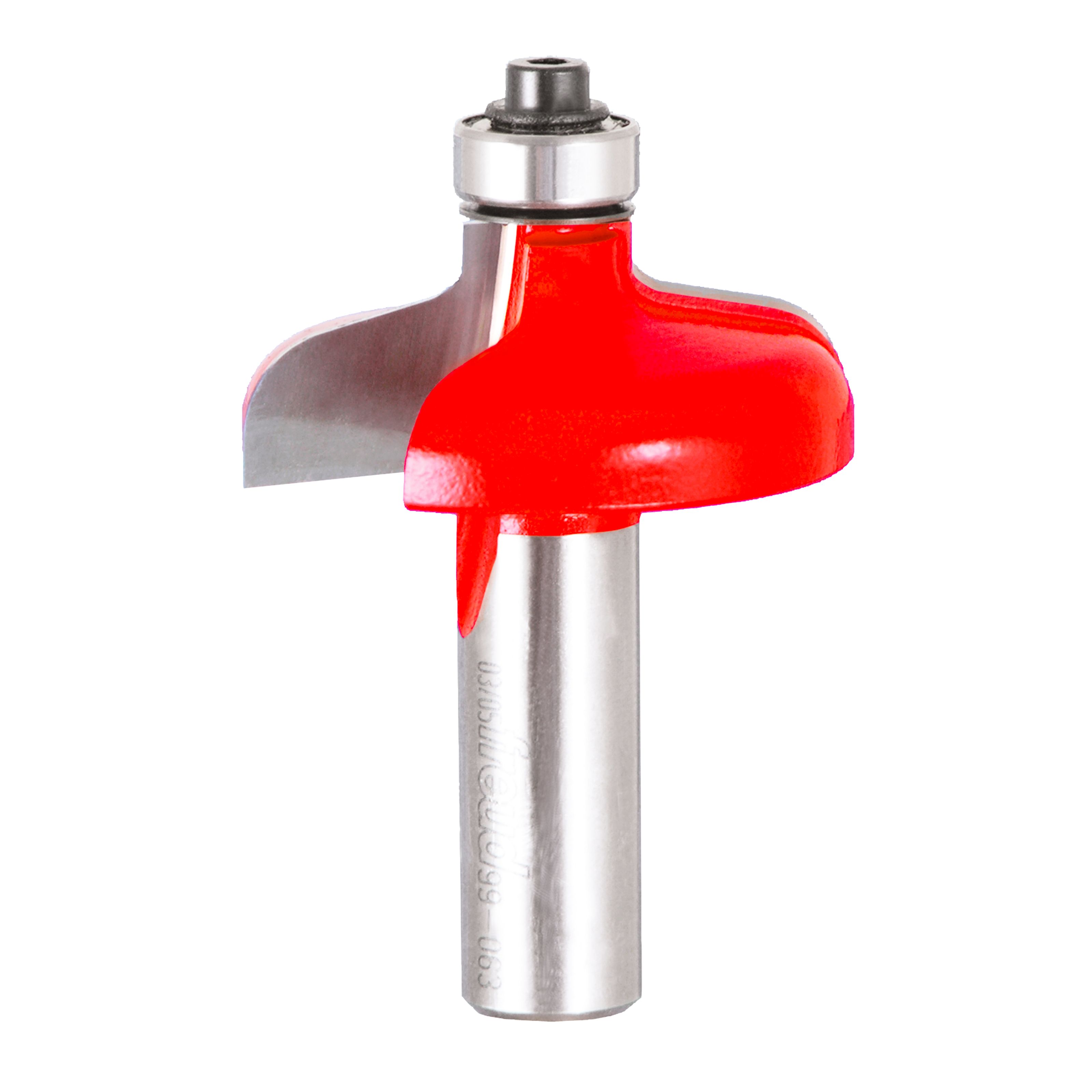 Red and silver router bit with rounded dome-shaped cutting head and metal shank with bearing collar.