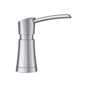 Stainless steel soap dispenser with tapered cone body and curved side spout.