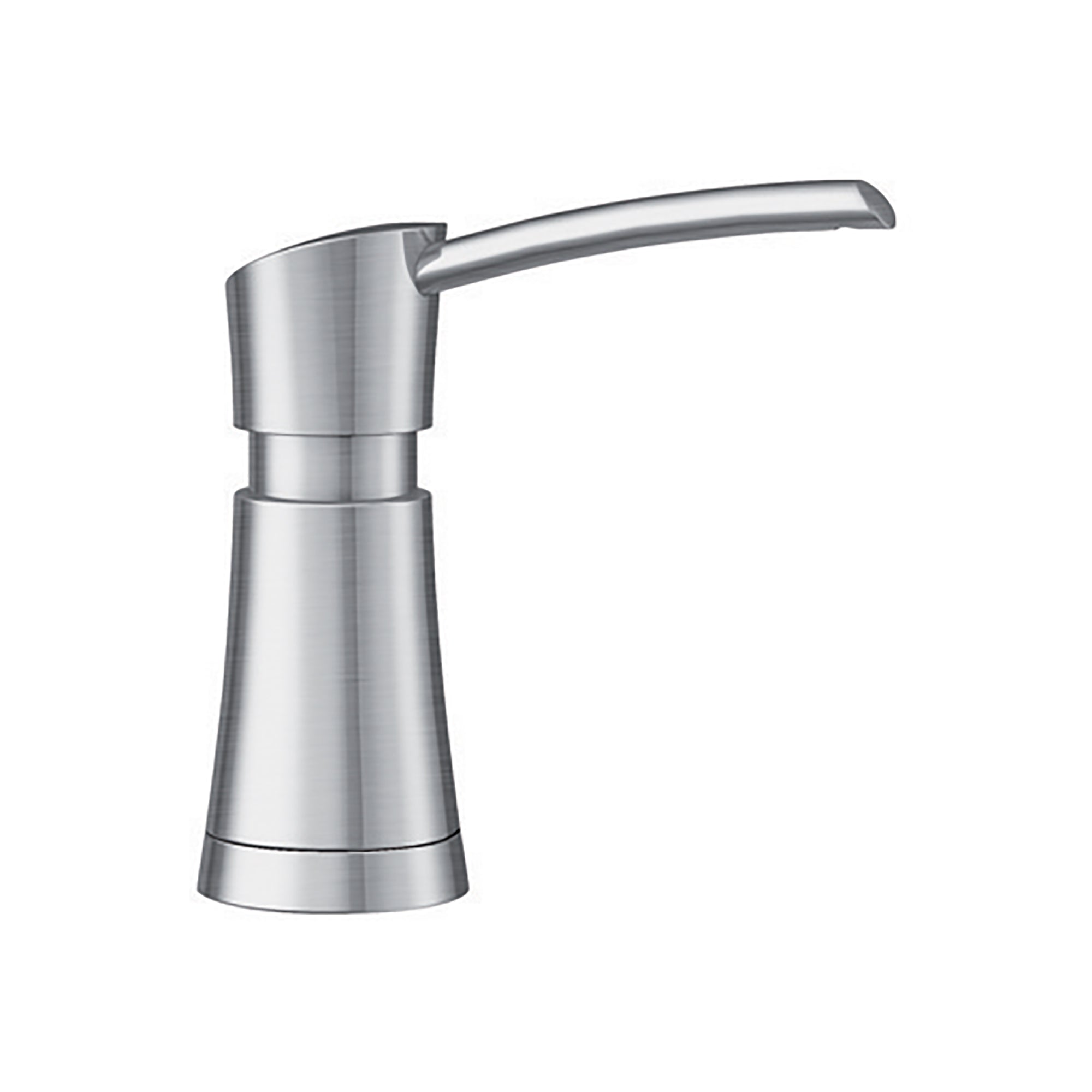 Stainless steel soap dispenser with tapered cone body and curved side spout.
