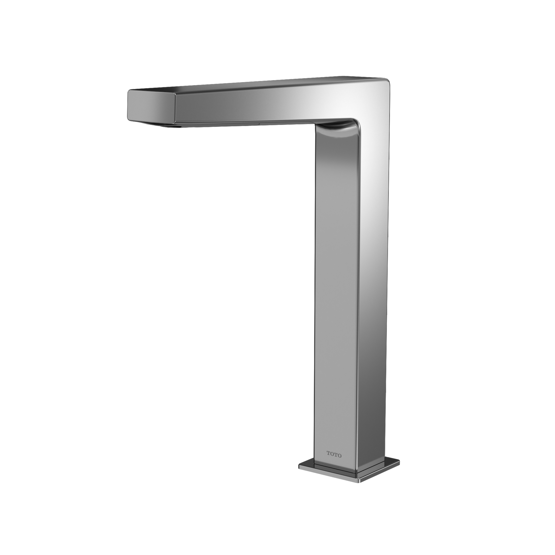 Polished chrome vessel faucet with tall rectangular base and horizontal spout arm for bathroom sink.