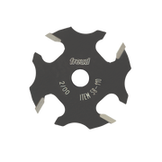 Dark circular slotting cutter with four carbide wings and center hole, marked Freud 58-110.