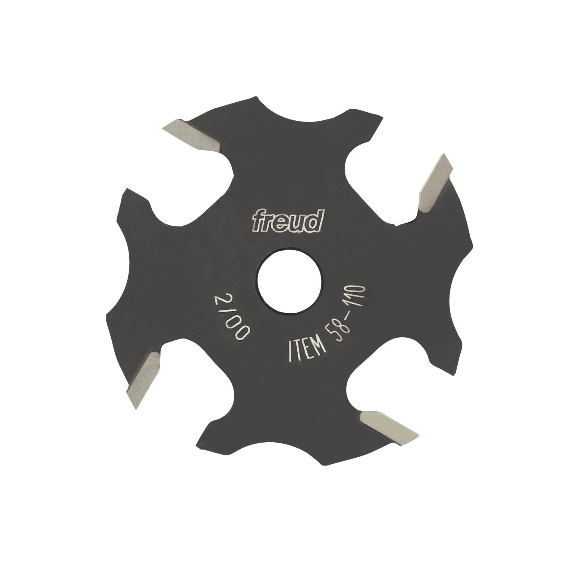 Dark circular slotting cutter with four carbide wings and center hole, marked Freud 58-110.