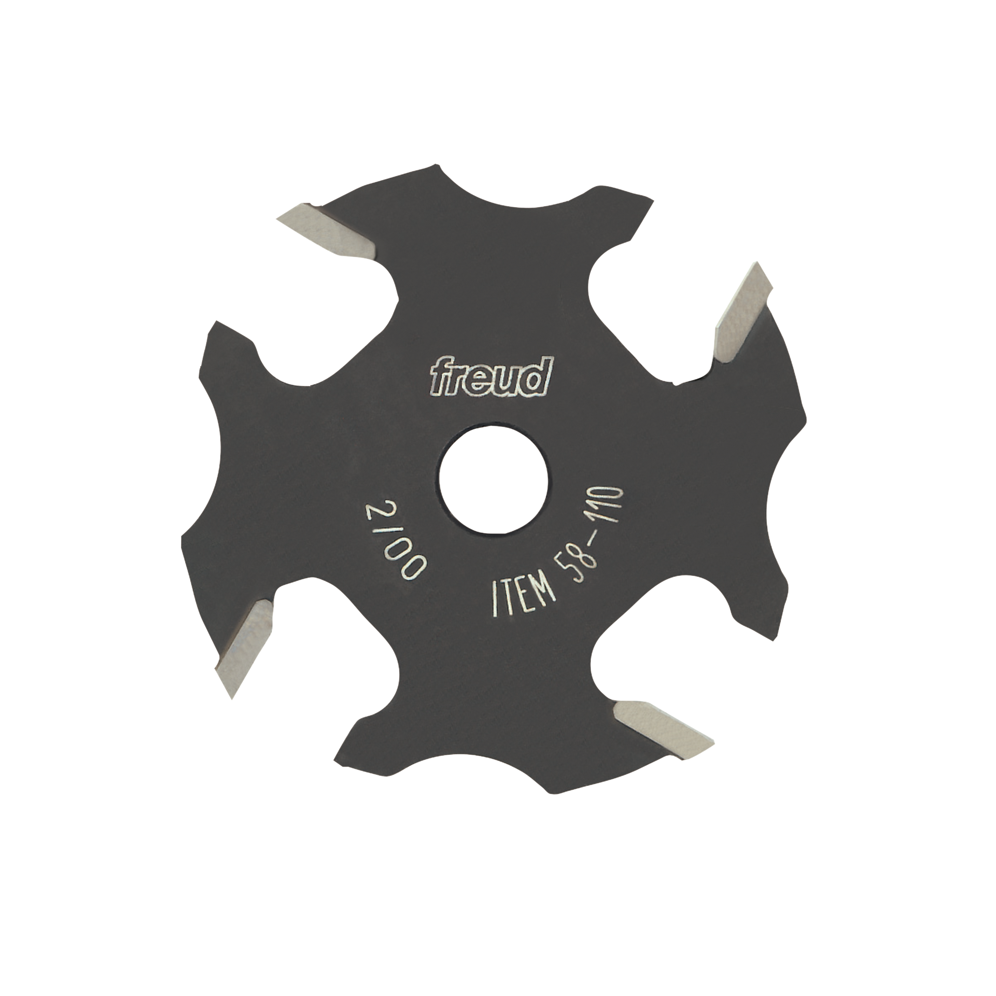 Dark circular slotting cutter with four carbide wings and center hole, marked Freud 58-110.