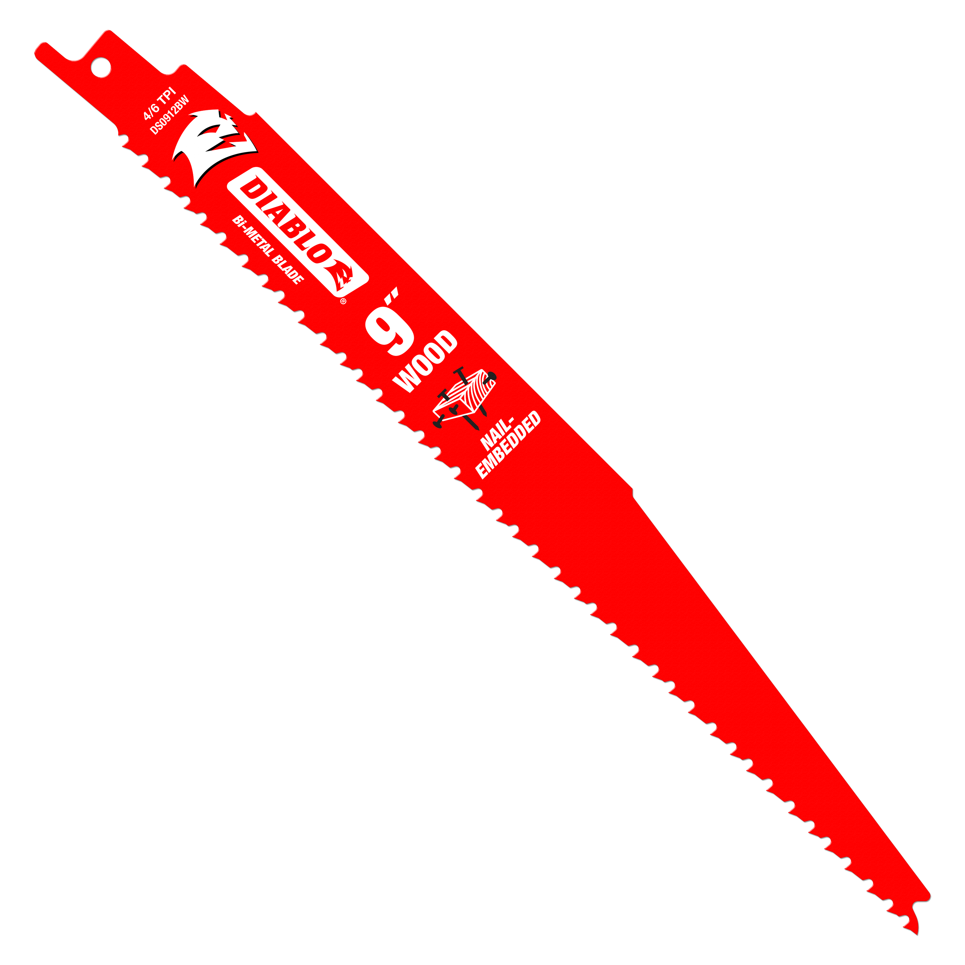 Red Diablo 9-inch reciprocating saw blade with serrated cutting edge and mounting hole at top.