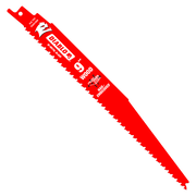Red Diablo 9-inch bi-metal reciprocating saw blade with serrated cutting edge and mounting hole at top.