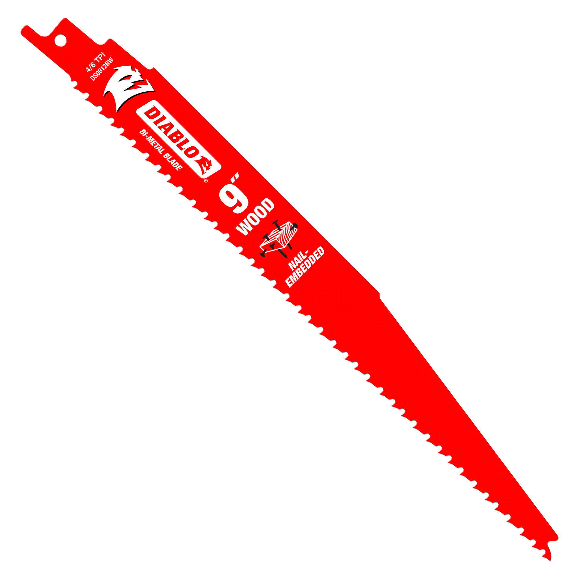 Red bi-metal reciprocating saw blade, 9 inches long, with serrated cutting edge and mounting pin.
