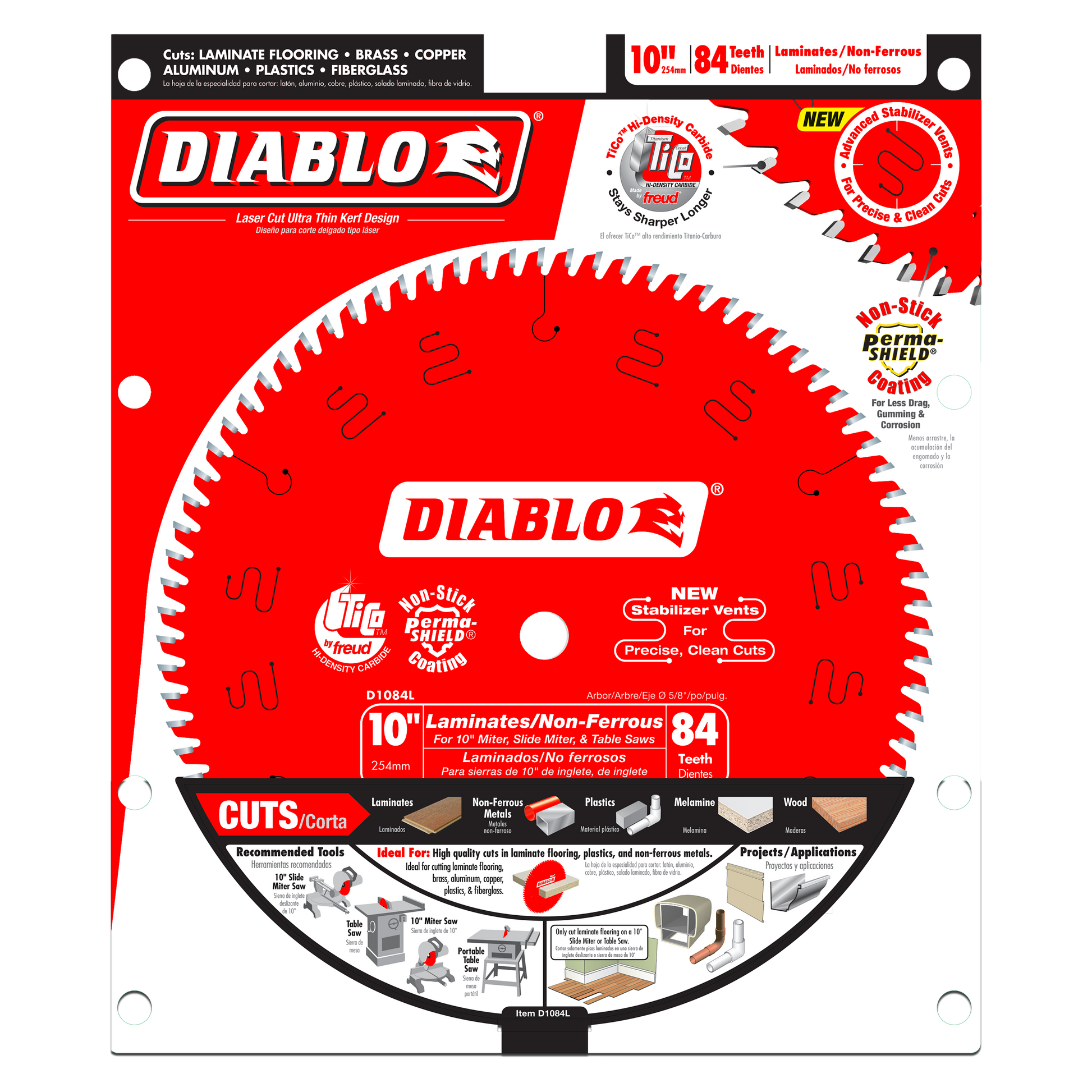 Diablo 10-inch circular saw blade with 84 teeth on red packaging showing product specifications and application guide.