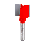 Red double flute straight router bit with metal shank and Freud branding.
