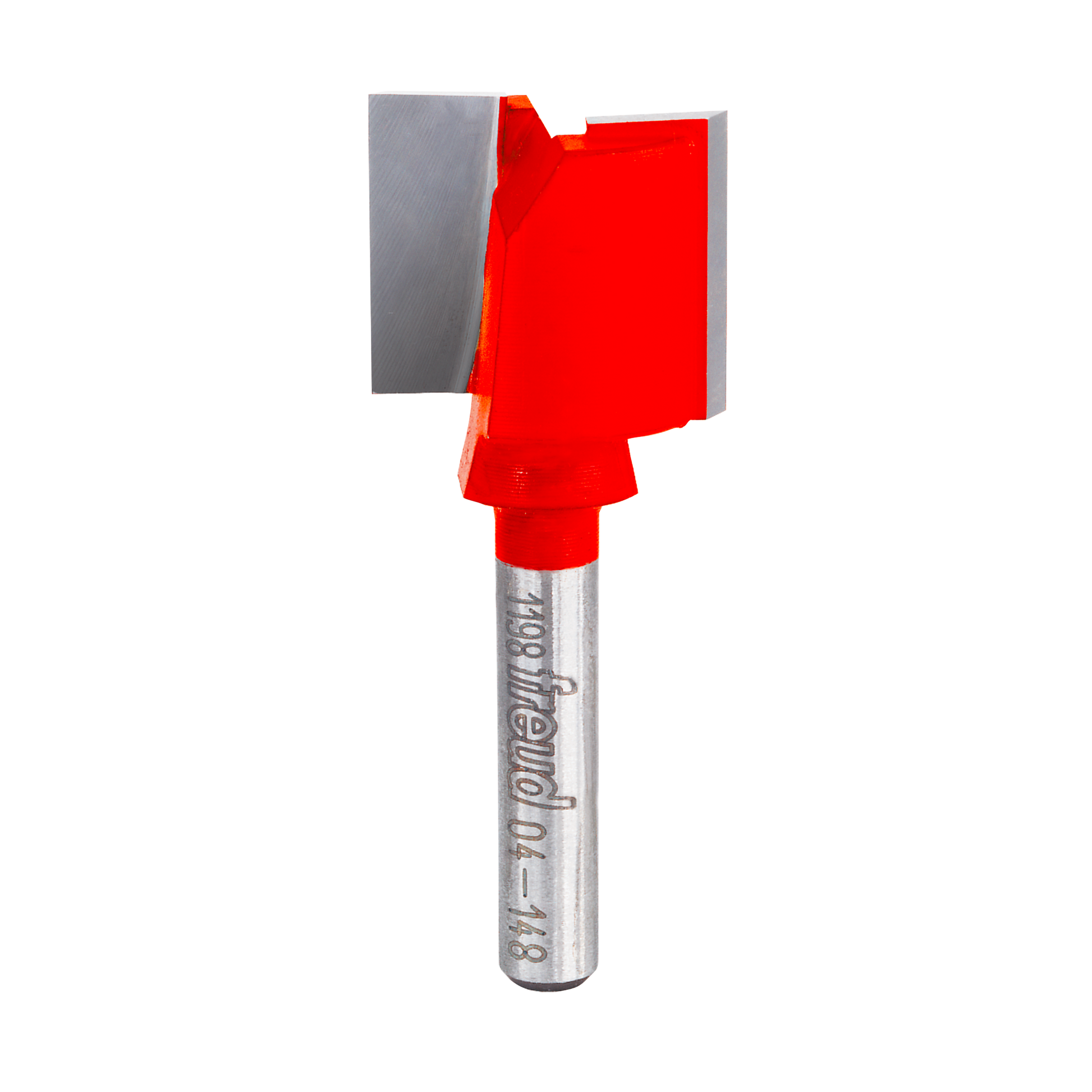 Red double flute straight router bit with metal shank and Freud branding.