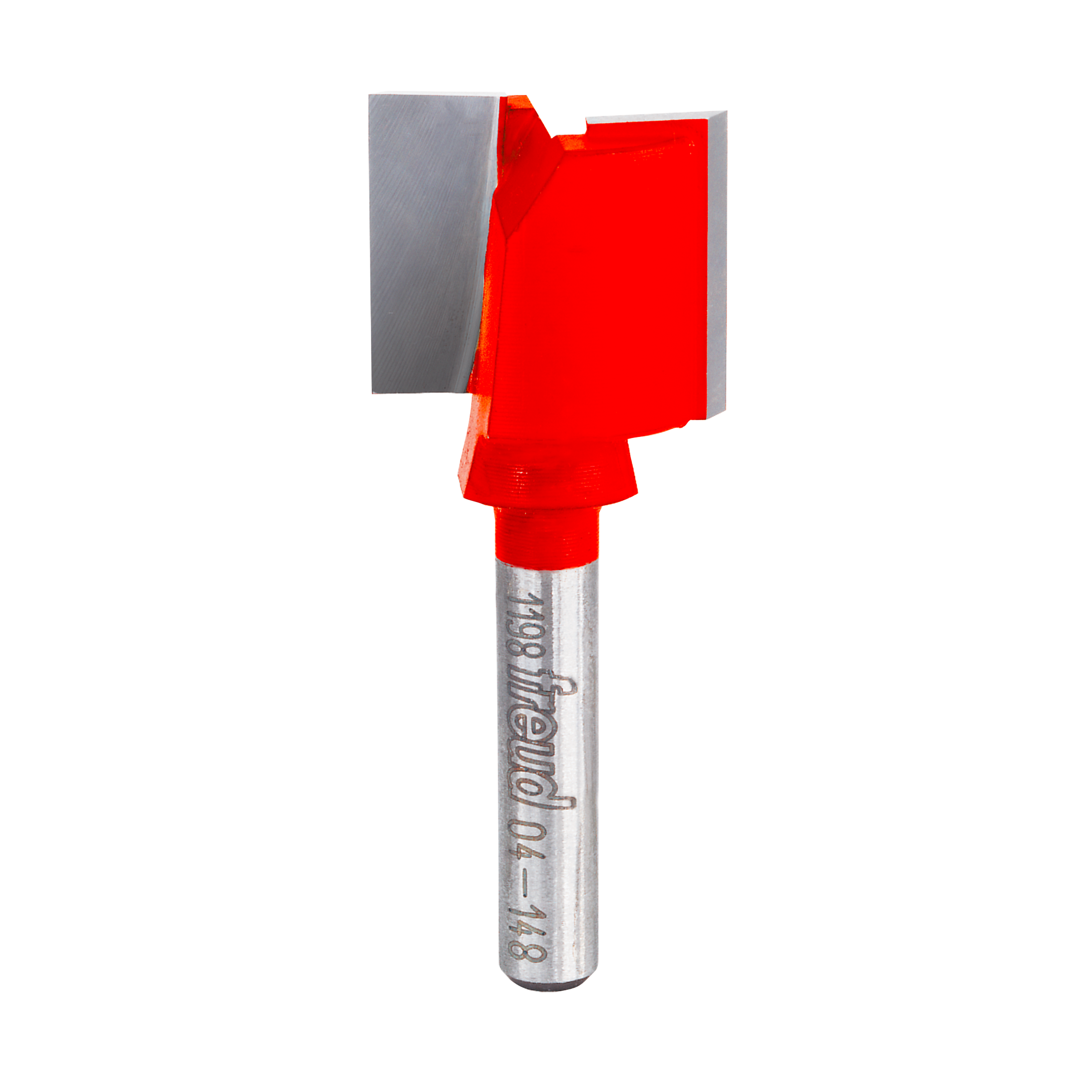 Red double flute straight router bit with metal shank and Freud branding.