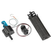 Black solenoid assembly with cylindrical housing, coil, wiring harness, and blue lever component on white background.
