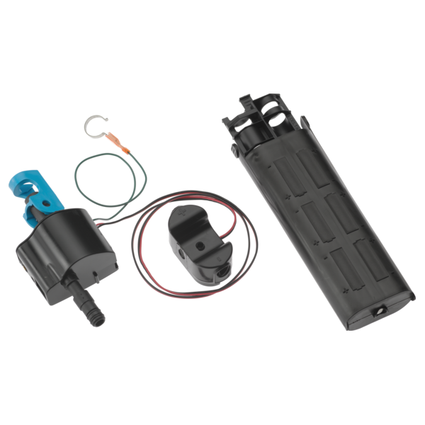 Black solenoid assembly with cylindrical housing, coil, wiring harness, and blue lever component on white background.