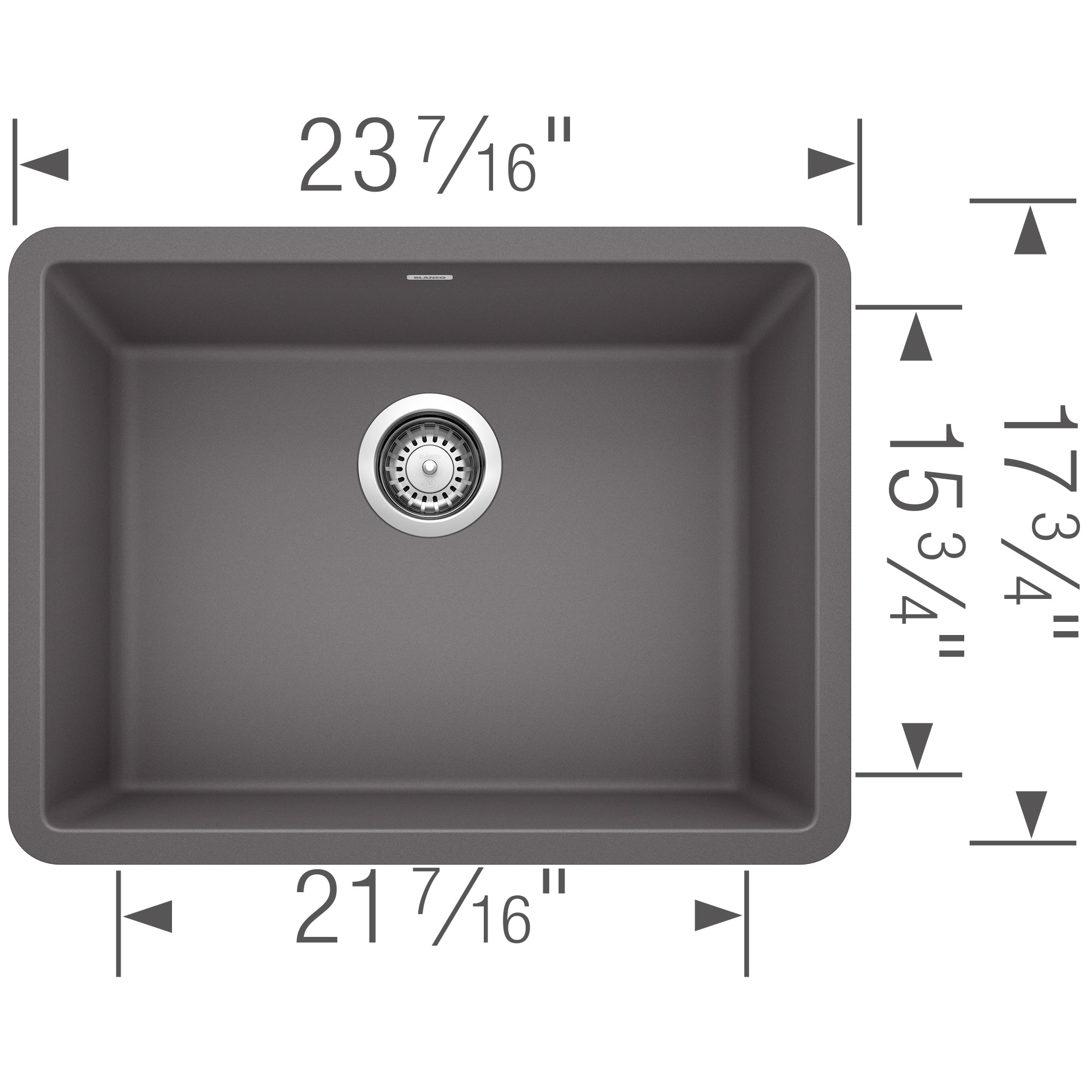 Cinder gray single bowl kitchen sink with rounded corners and chrome drain strainer, shown from above with dimensions.