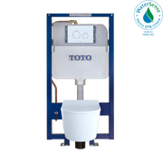 White wall-hung D-shape toilet bowl with dual-flush in-wall tank system and control panel mounted above.