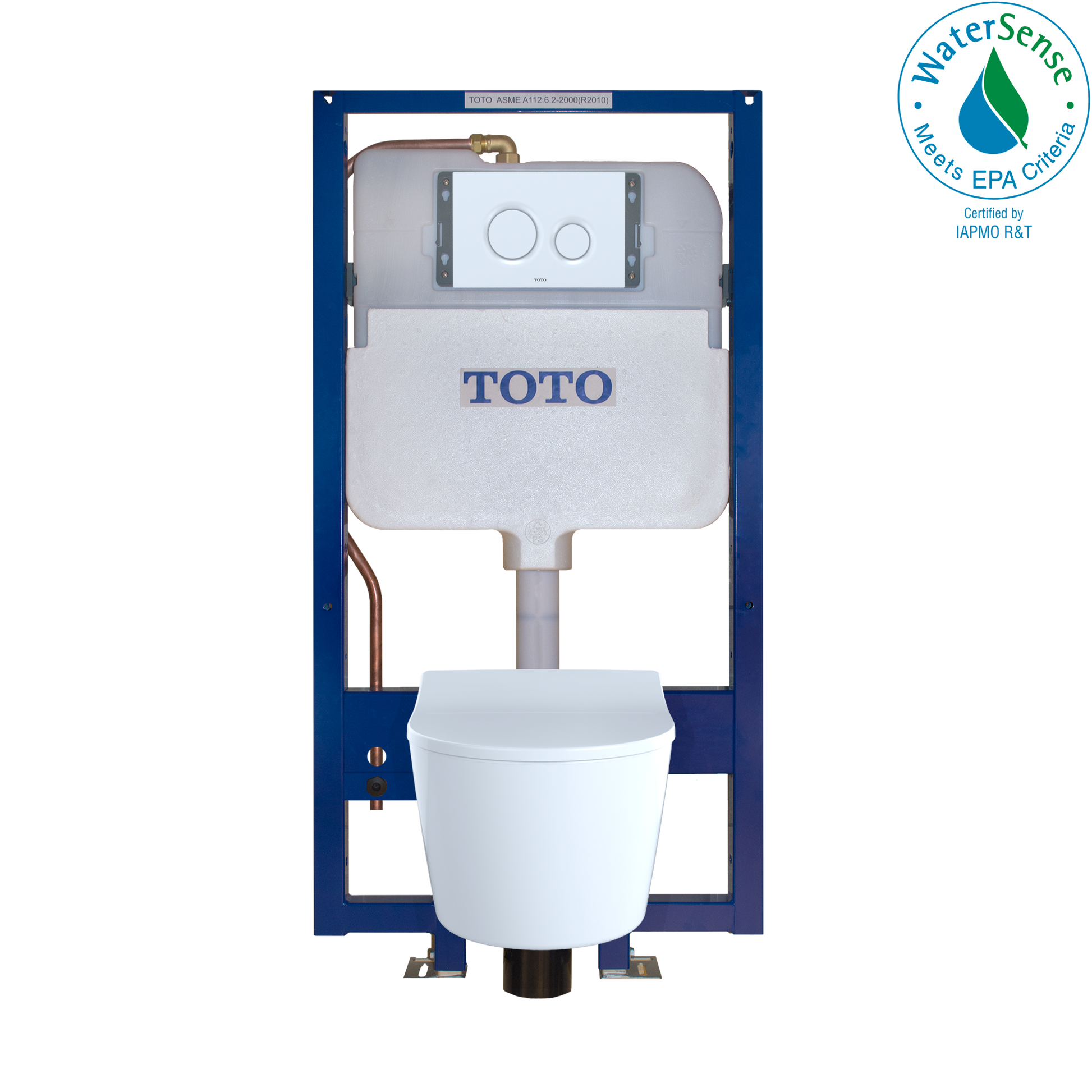 White wall-hung D-shape toilet bowl with dual-flush in-wall tank system and control panel mounted above.