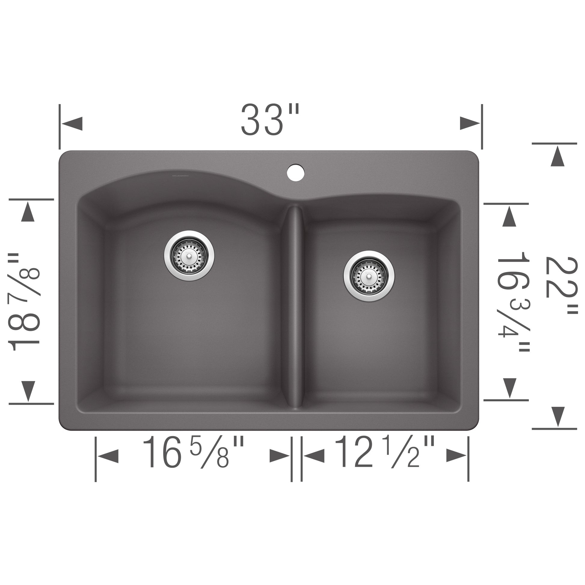 Cinder-colored drop-in kitchen sink with two bowls, chrome strainers, and dimension measurements labeled.