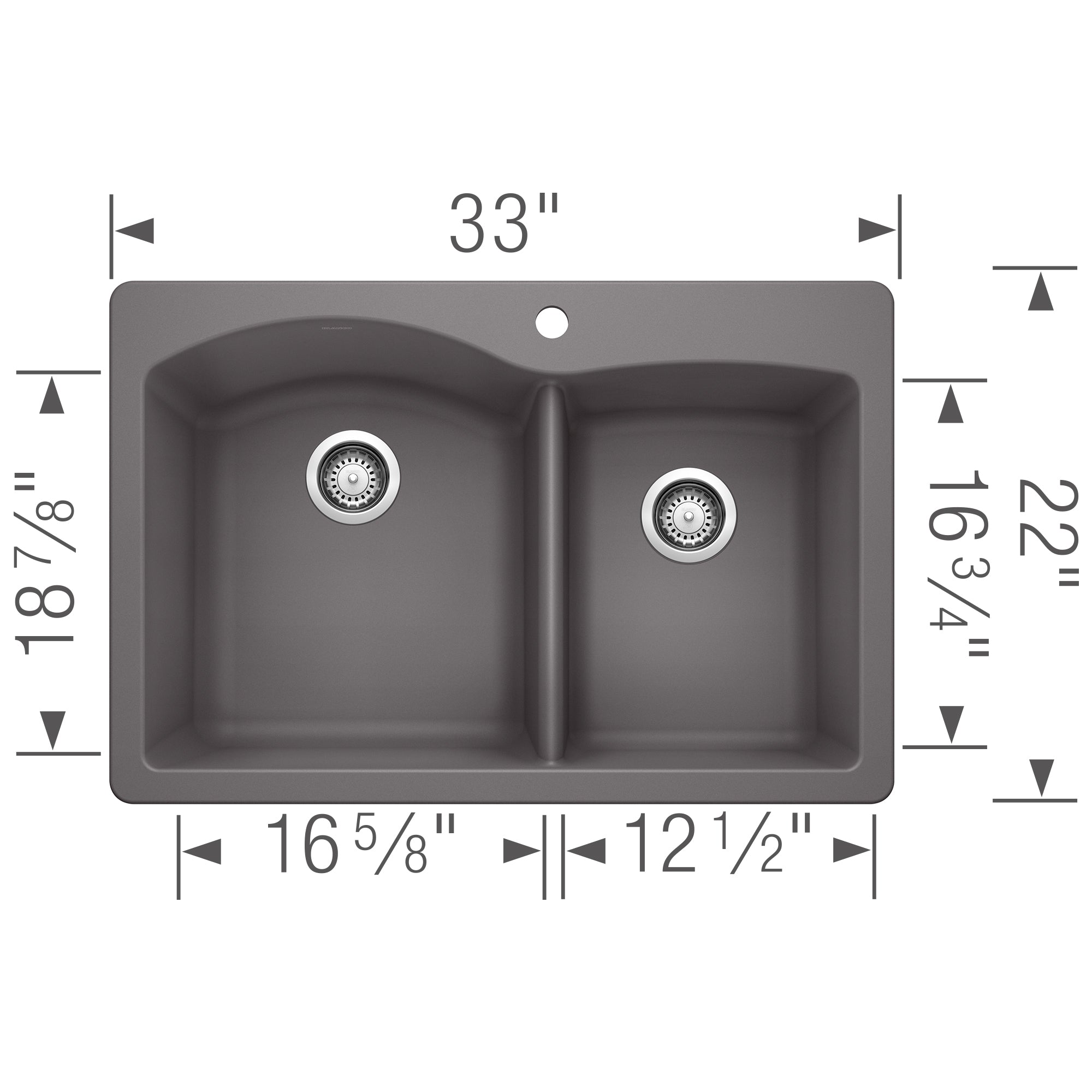 Cinder-colored drop-in kitchen sink with two bowls, chrome strainers, and dimension measurements labeled.