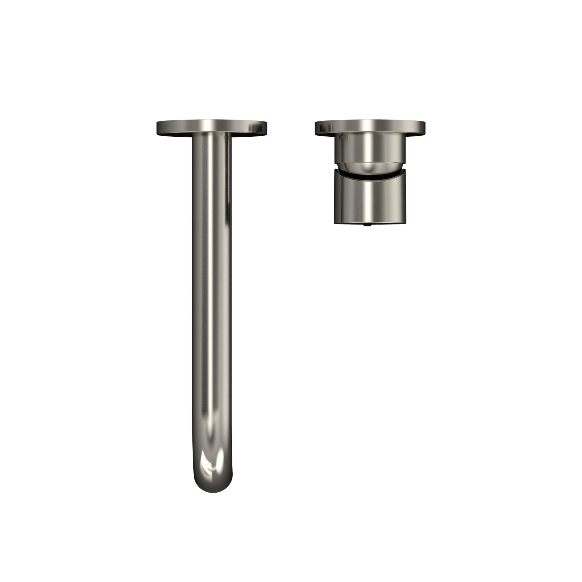 Polished nickel wall-mount bathroom faucet with vertical spout and single handle control.