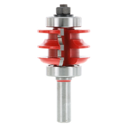 Red and steel rail and stile router bit with multiple cutting edges and cylindrical shank.