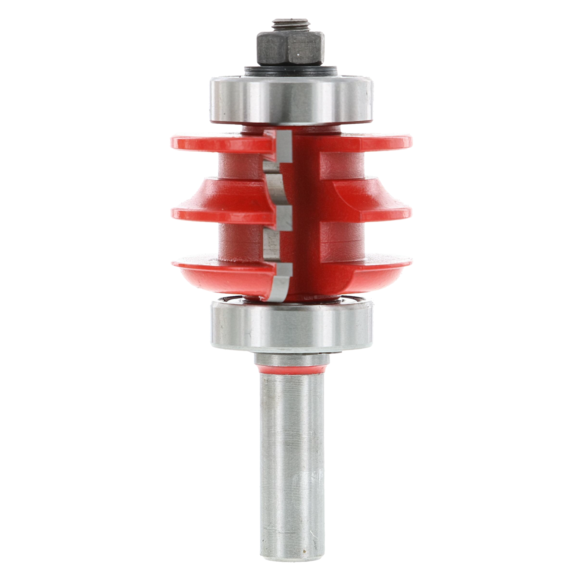 Red and steel rail and stile router bit with multiple cutting edges and cylindrical shank.